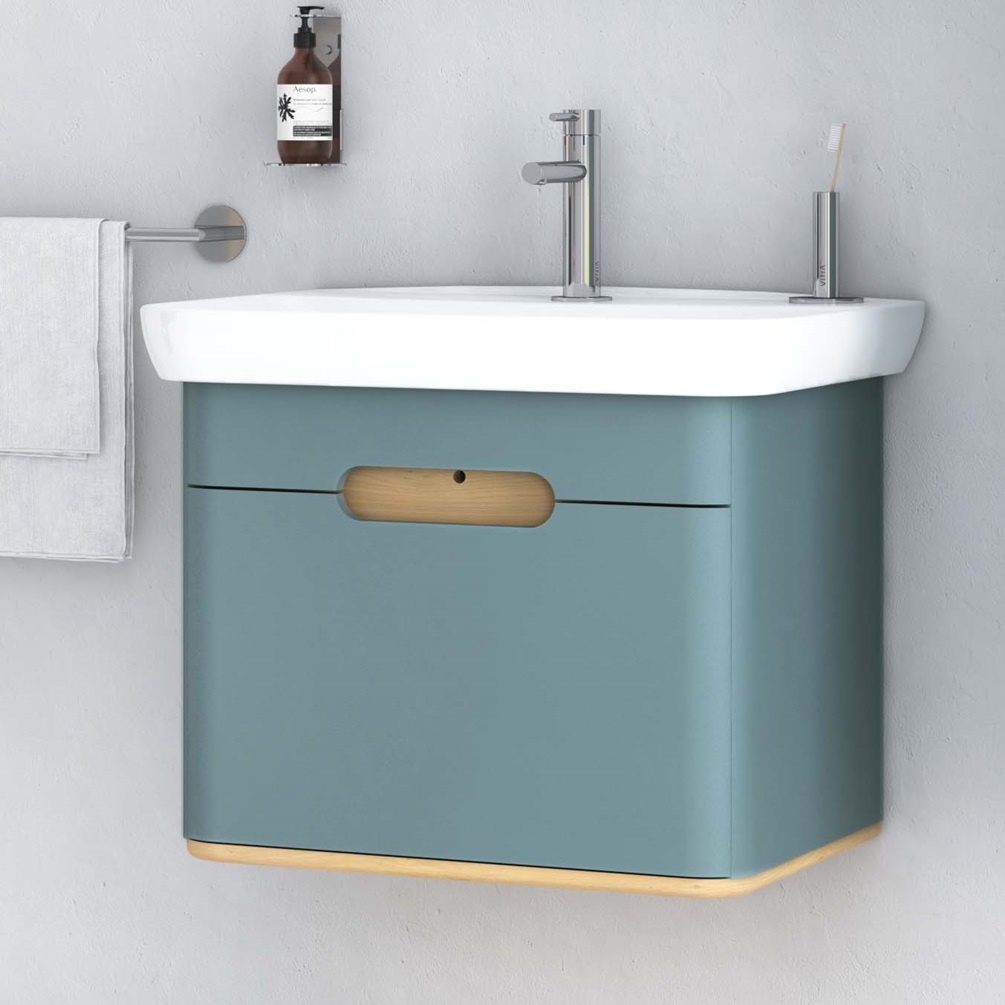 product lifestyle image close up of vitra sento 1 drawer matt fjord green washbasin unit and basin 65873